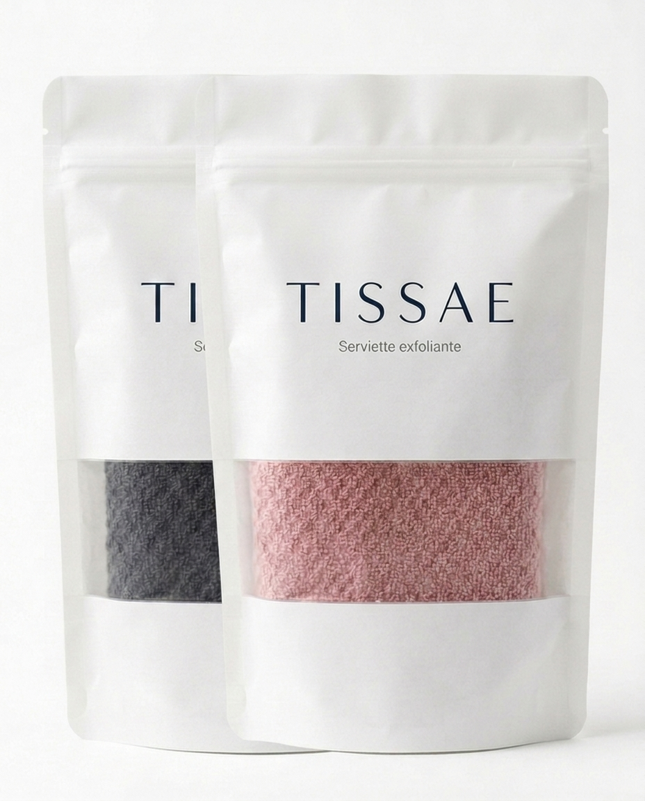 Serviette exfoliante TISSAÉ, coloris Noire et Rosée, dans leur sachet